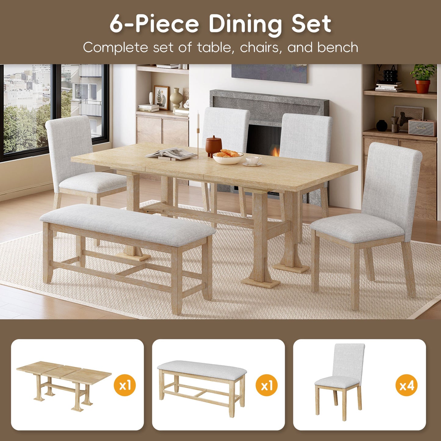 TOPMAX Farmhouse 6-Piece Extendable Dining Table Set