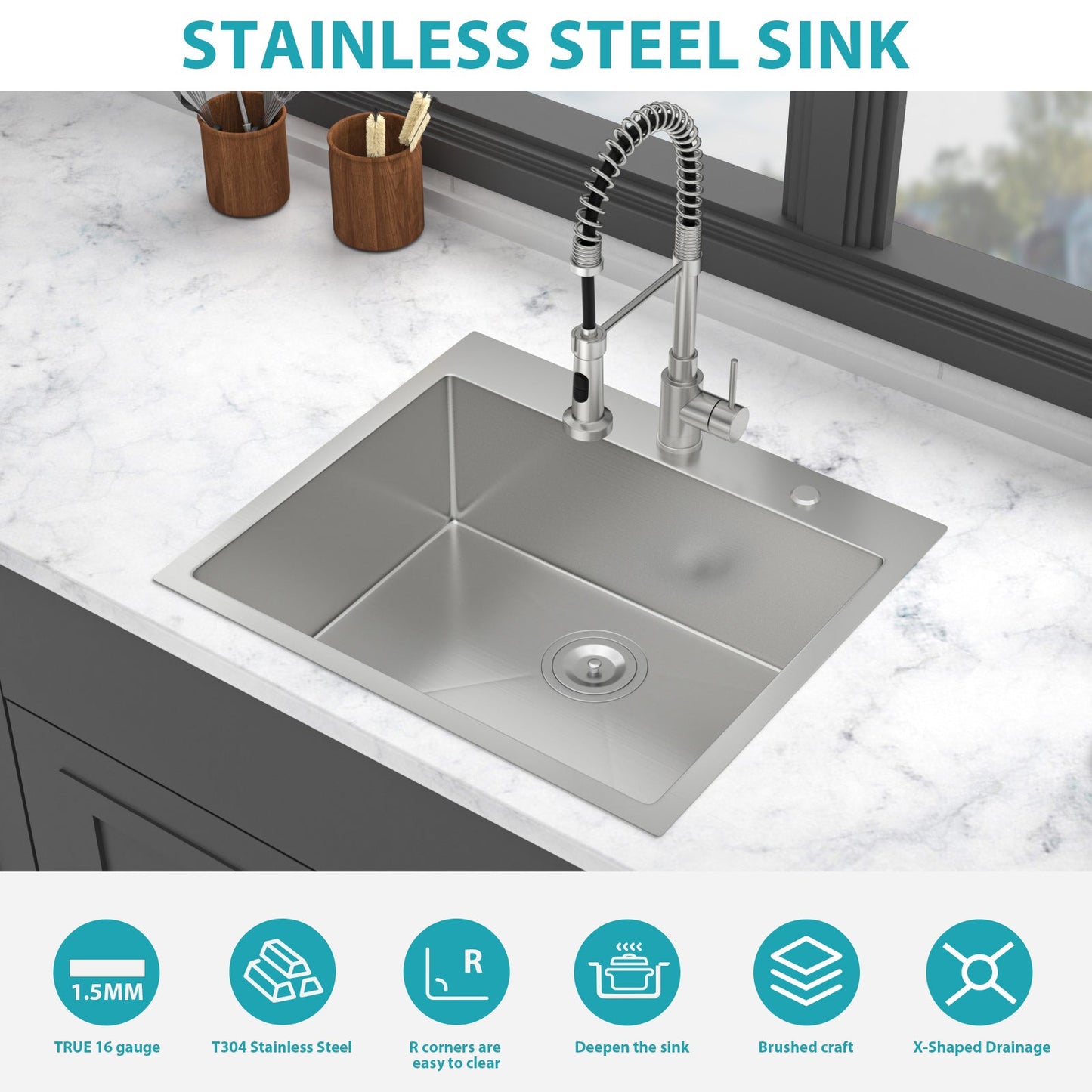24 x 18 x 9 Inch Kitchen Sink Drop-In 16 Gauge Stainless Steel