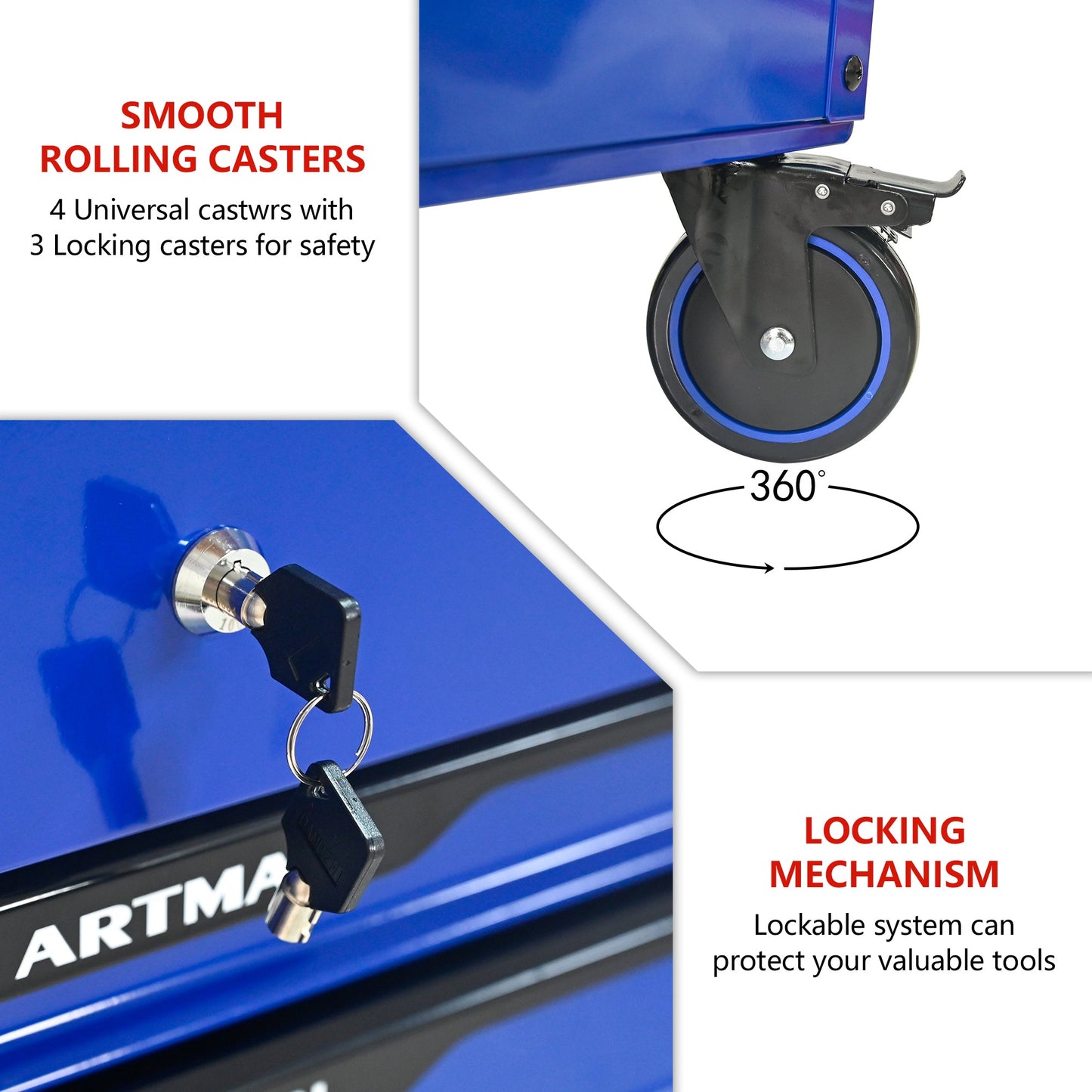 3 Drawers Multifunctional Tool Cart with Wheels and Steel Top - Blue & Black