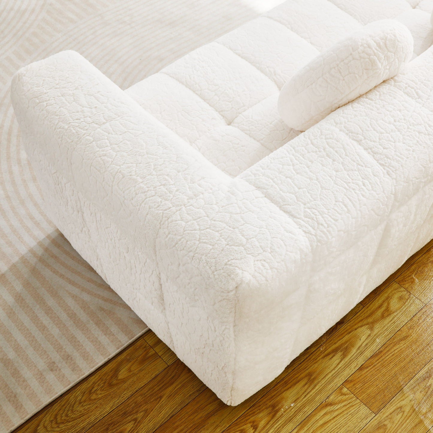 Boneless 3 Seater Sofa With Circular Throw Pillows - Beige