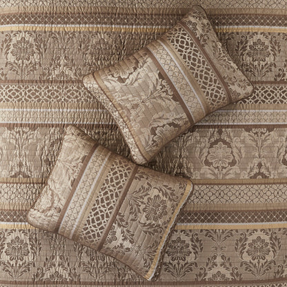 6 Piece Jacquard Quilt Set with Throw Pillows – Brown/Gold King/Cal King