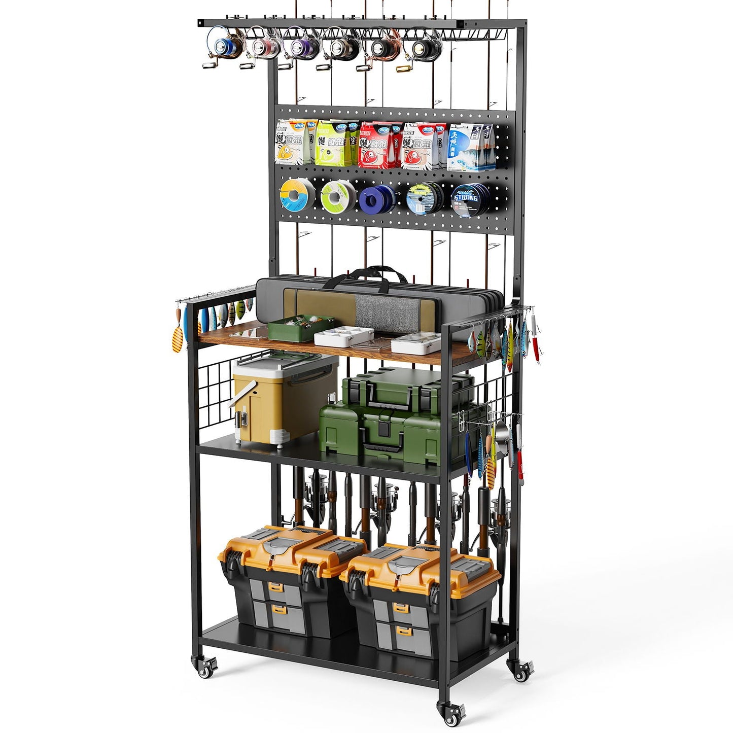 Fishing Rod Storage Rack With Pegboard, Rolling Tackle Organizer Cart - Black