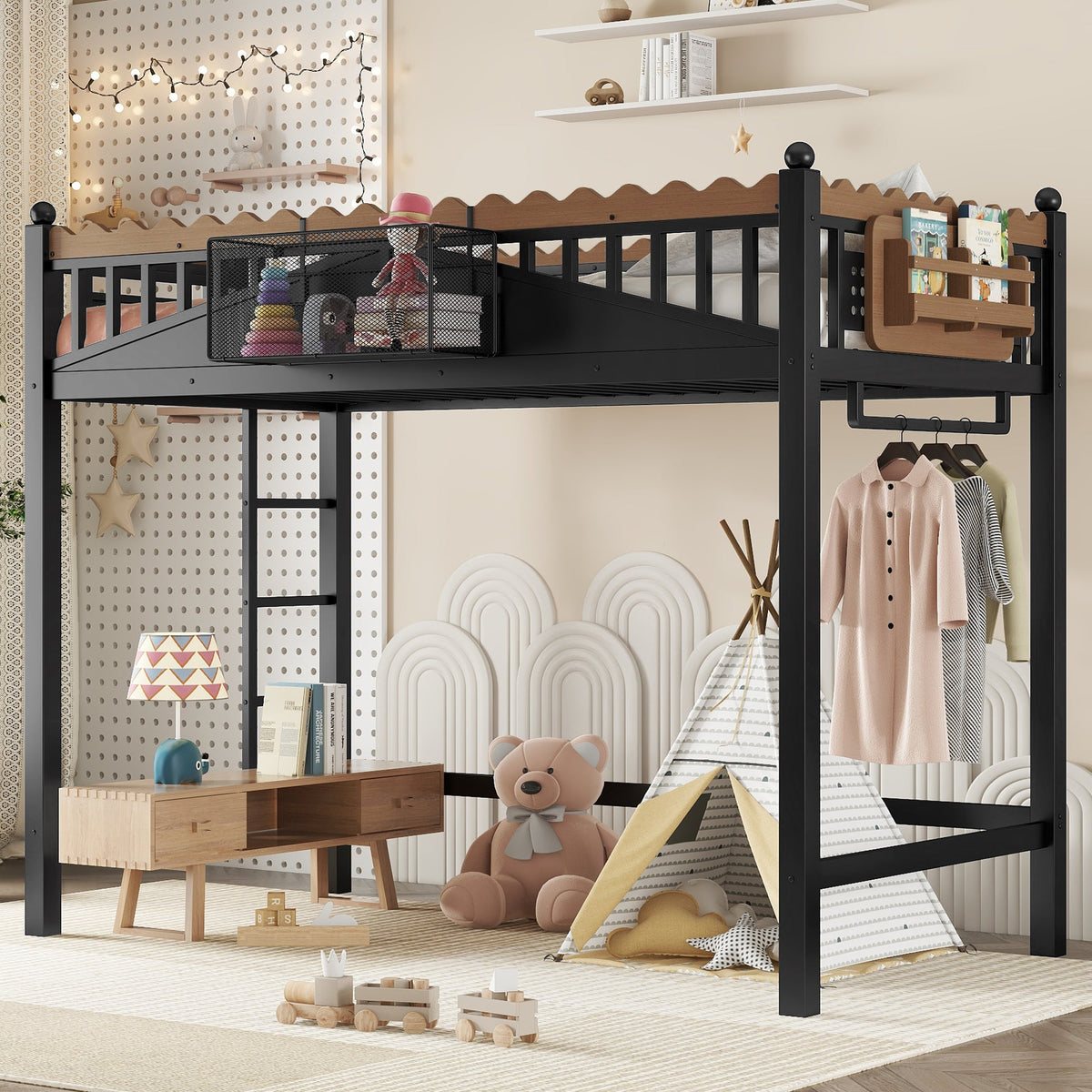 Twin XL Size Loft Bed with Ladders and Storage Shelves