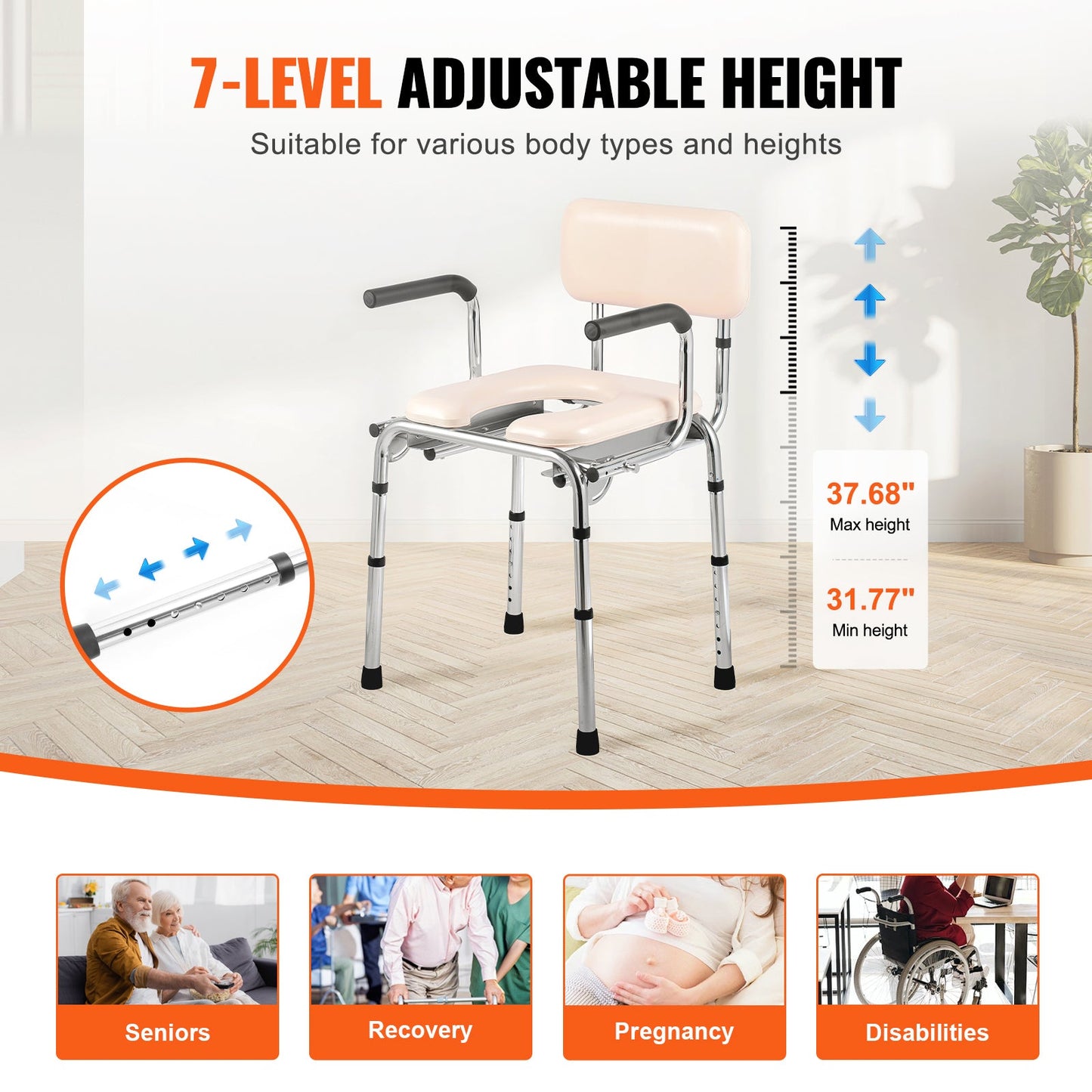 Commode Chair with Padded Seat and Adjustable Height