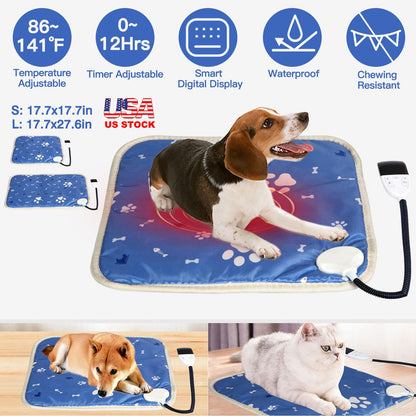 Pet Heating Pad Electric Dog Cat Heating Mat Waterproof Warming Blanket with 86-141  Adjustable Temperature 0-12 Timer Digital Display Chewing-resista