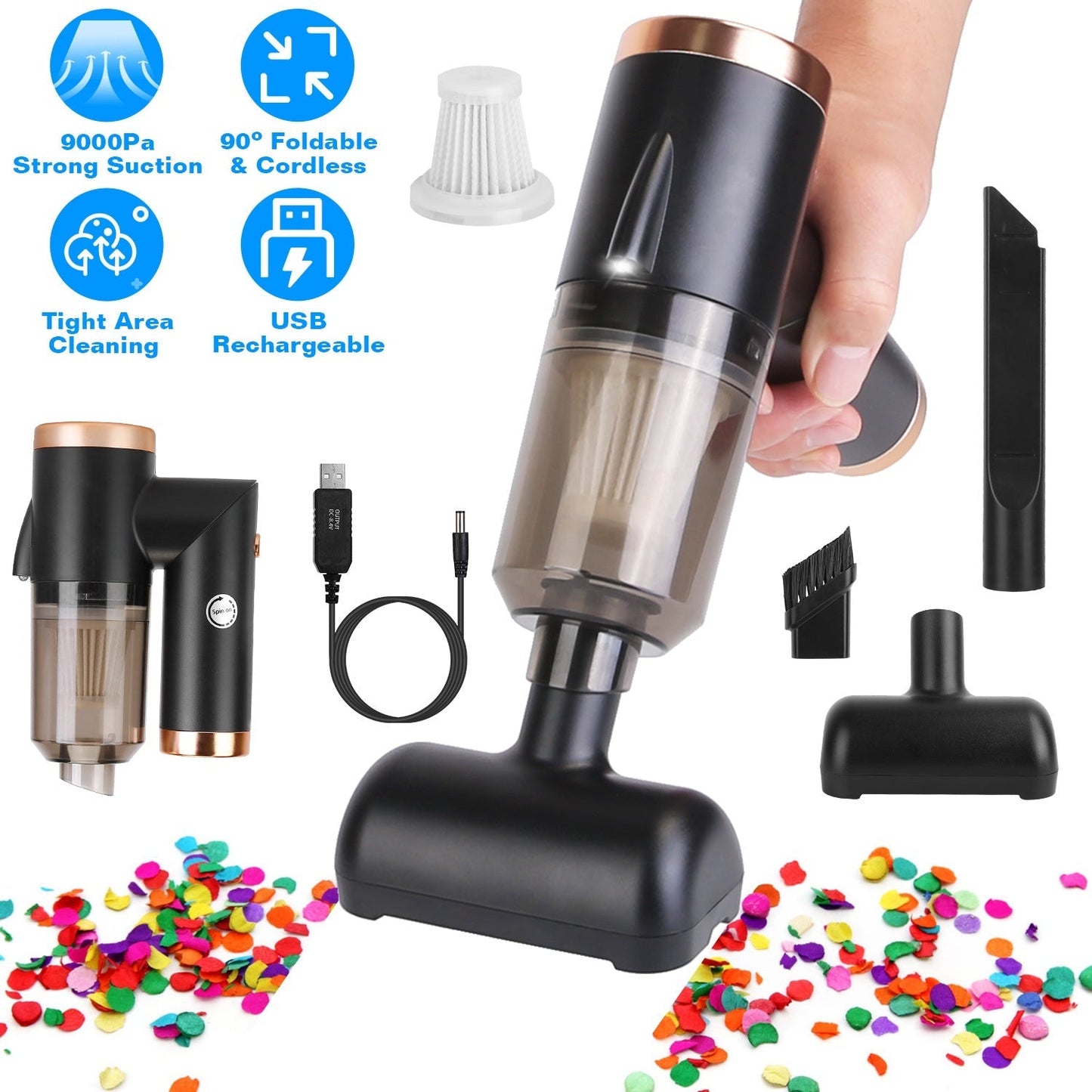 3 In 1 Cordless Handheld Vacuum Cleaner with Searchlight 120W 9000PA Portable Foldable Rechargeable Vacuum Car Home Duster with Brush Nozzle Long Nozz
