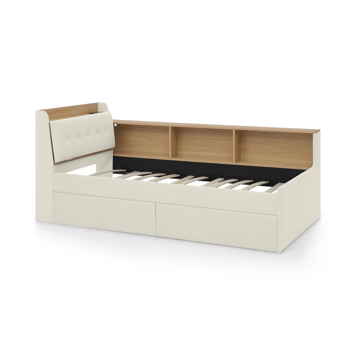 Upholstered Daybed With Storage Headboard, Wireless Charging, LED Lights