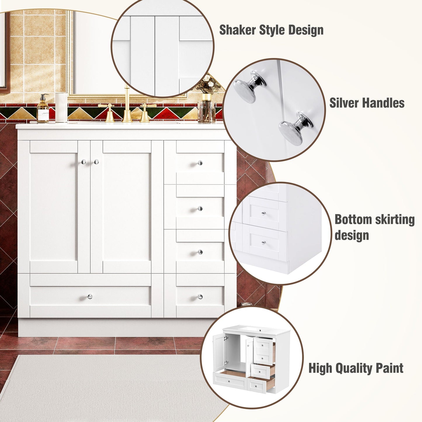 Shaker Free Standing Bathroom Vanity Cabinet & Sink, Soft Close Drawers, Soft Close Doors