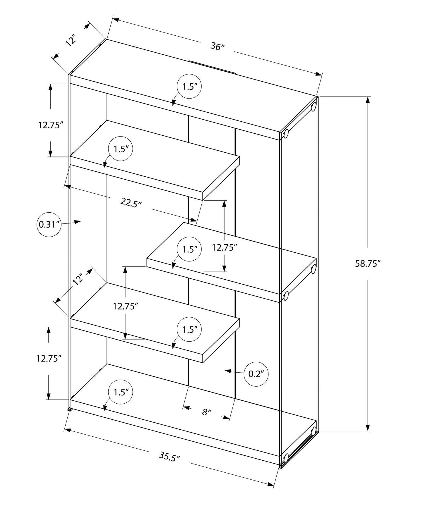 5-Tier Glossy White Bookshelf for Office and Home