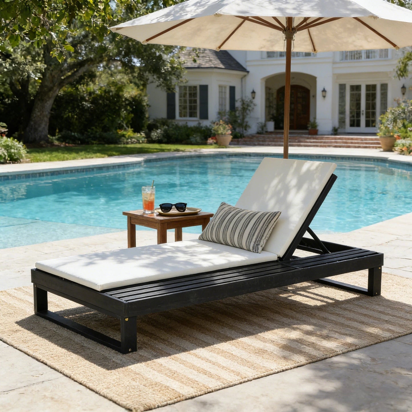 Black Acacia Wood Chaise Lounge with 1.57-Inch Cushions