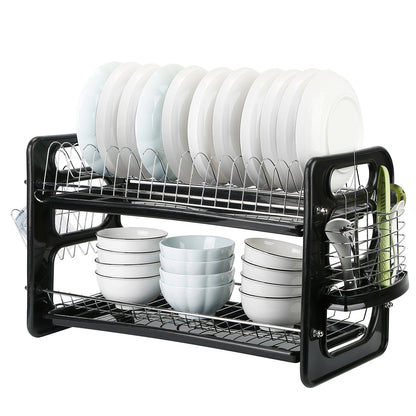 2 Tier Iron Dish Drying Rack Drainboard Set with Large Storage Anti-Rust Dish Drainer Shelf Tableware Holder Cup Holder For Kitchen Counter Storage