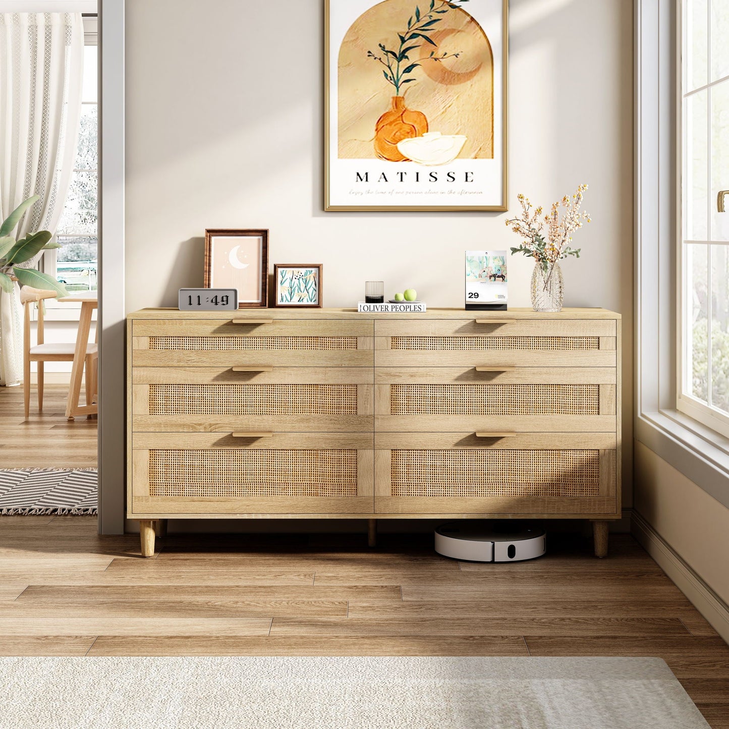 Rattan Dresser With 6 Drawers, Wooden Legs & Metal Handle
