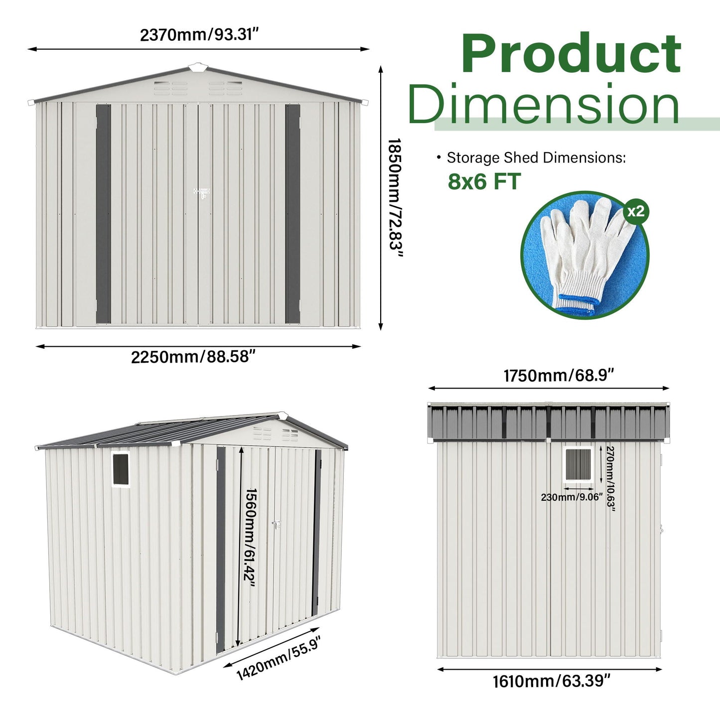 Outdoor Garden Storage Shed, Tool Shed With Pitched Roof Waterproof With 1 Window And 2 Lockable Door - White / Gray