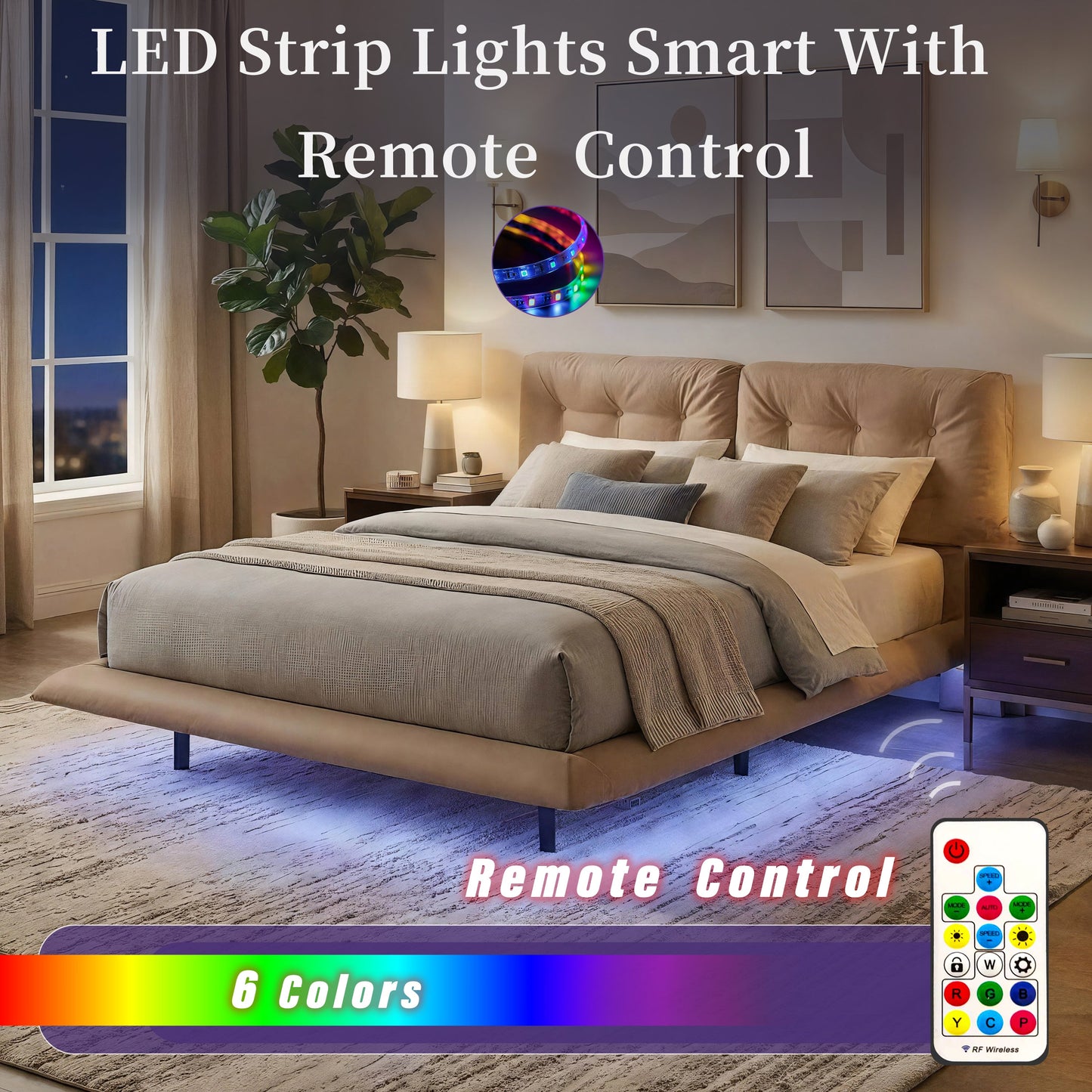 Queen Size Upholstered Floating Bed Frame with LED Lights, Khaki