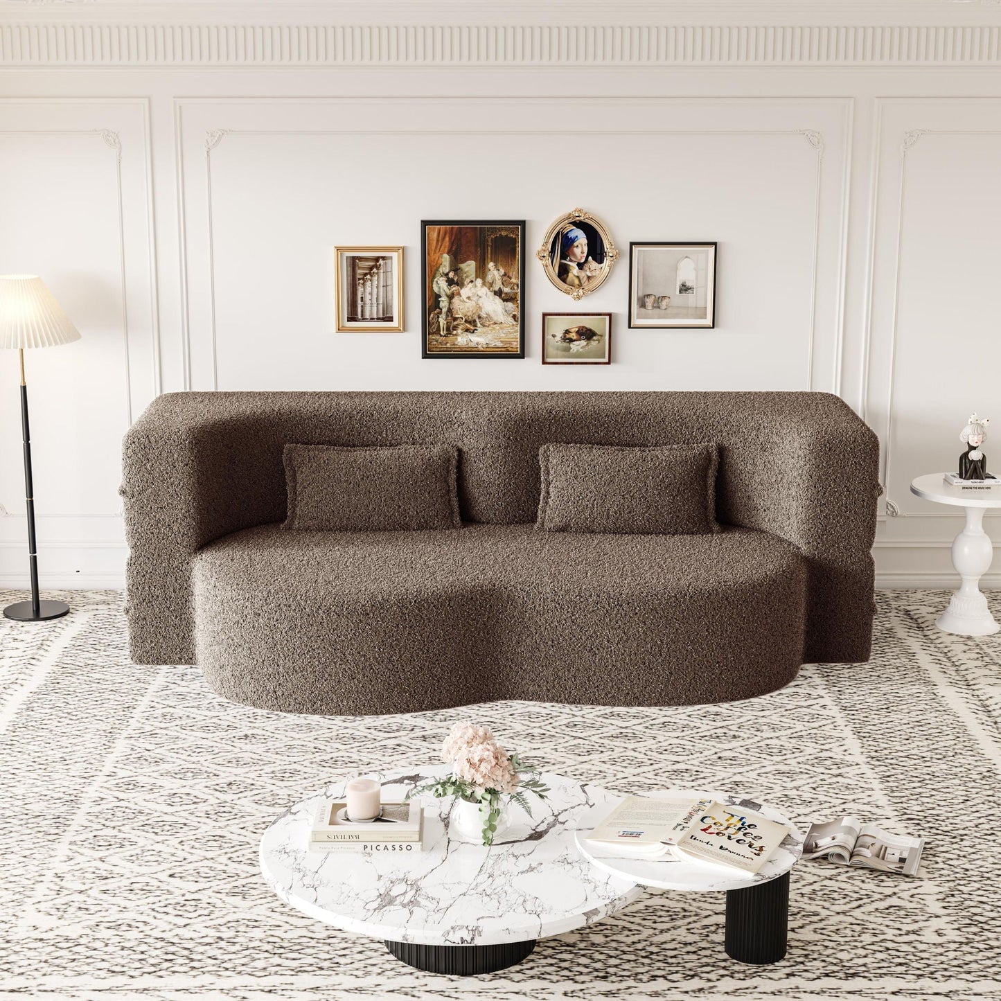 Modern Floor Sofa With Two Pillows Convertible Teddy Fabric Foam Filled Bed