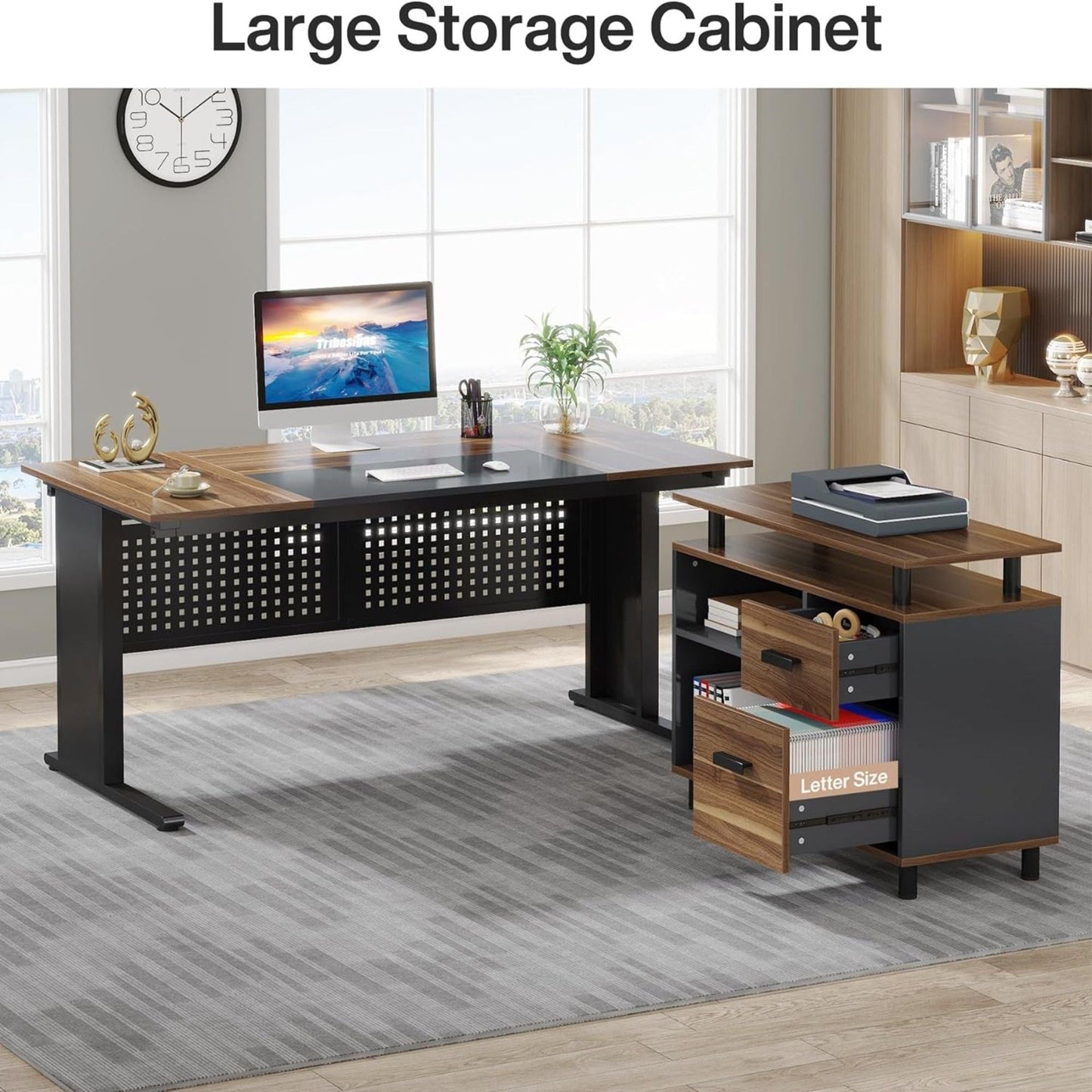 L-Shaped Executive Desk With File Cabinet, Office Workstation With Drawers, Shelves & Storage