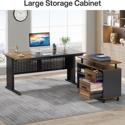 L-Shaped Executive Desk With File Cabinet, Office Workstation With Drawers, Shelves & Storage
