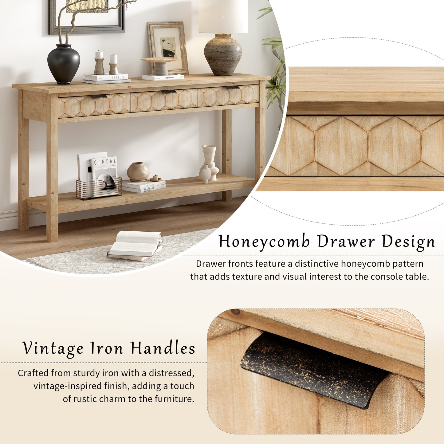 U_Style 58.3'' Fir Veneer Entryway Table with Honeycomb-patterned Fronts