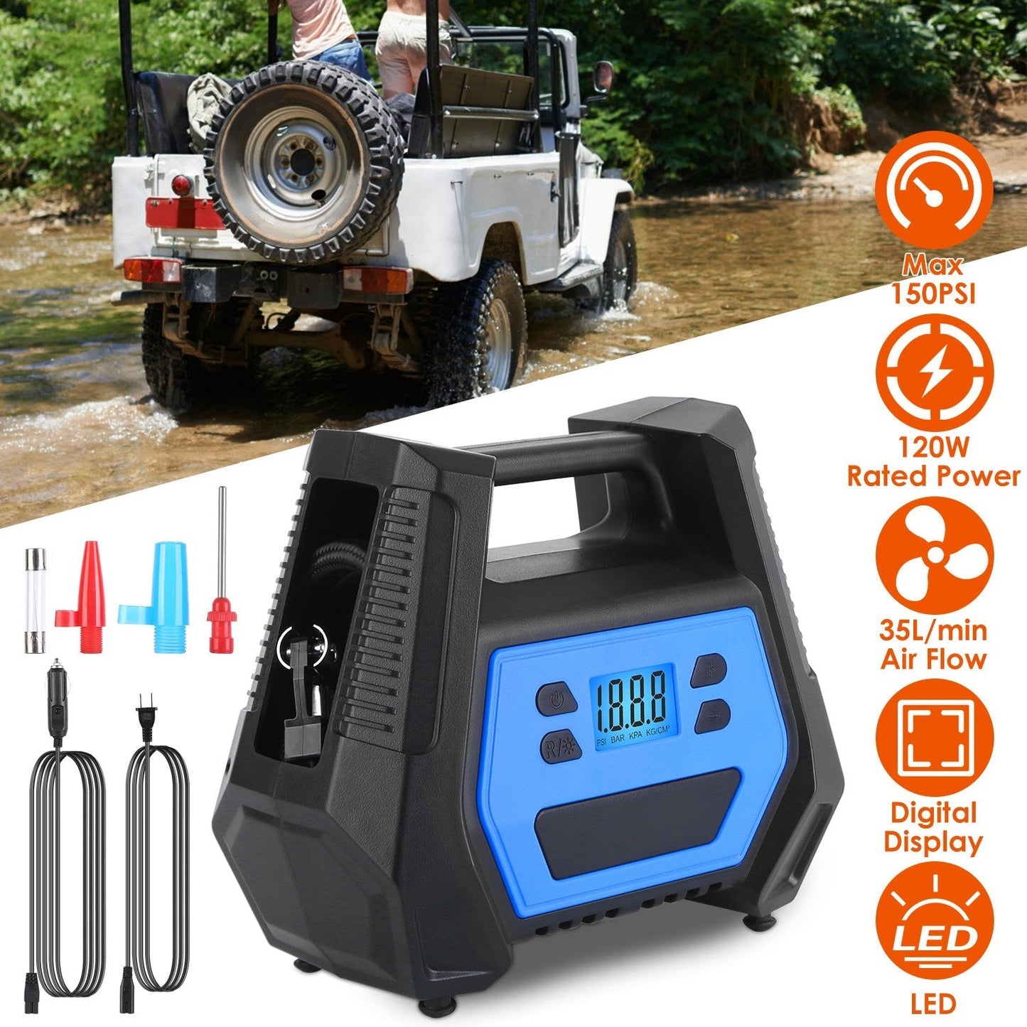Portable Tire Inflator 150 PSI 120W Max Power Tire Pump with Digital Display LED Light Inflatable Nozzle Needle Fuse Air Compressor for Bikes Motorbik