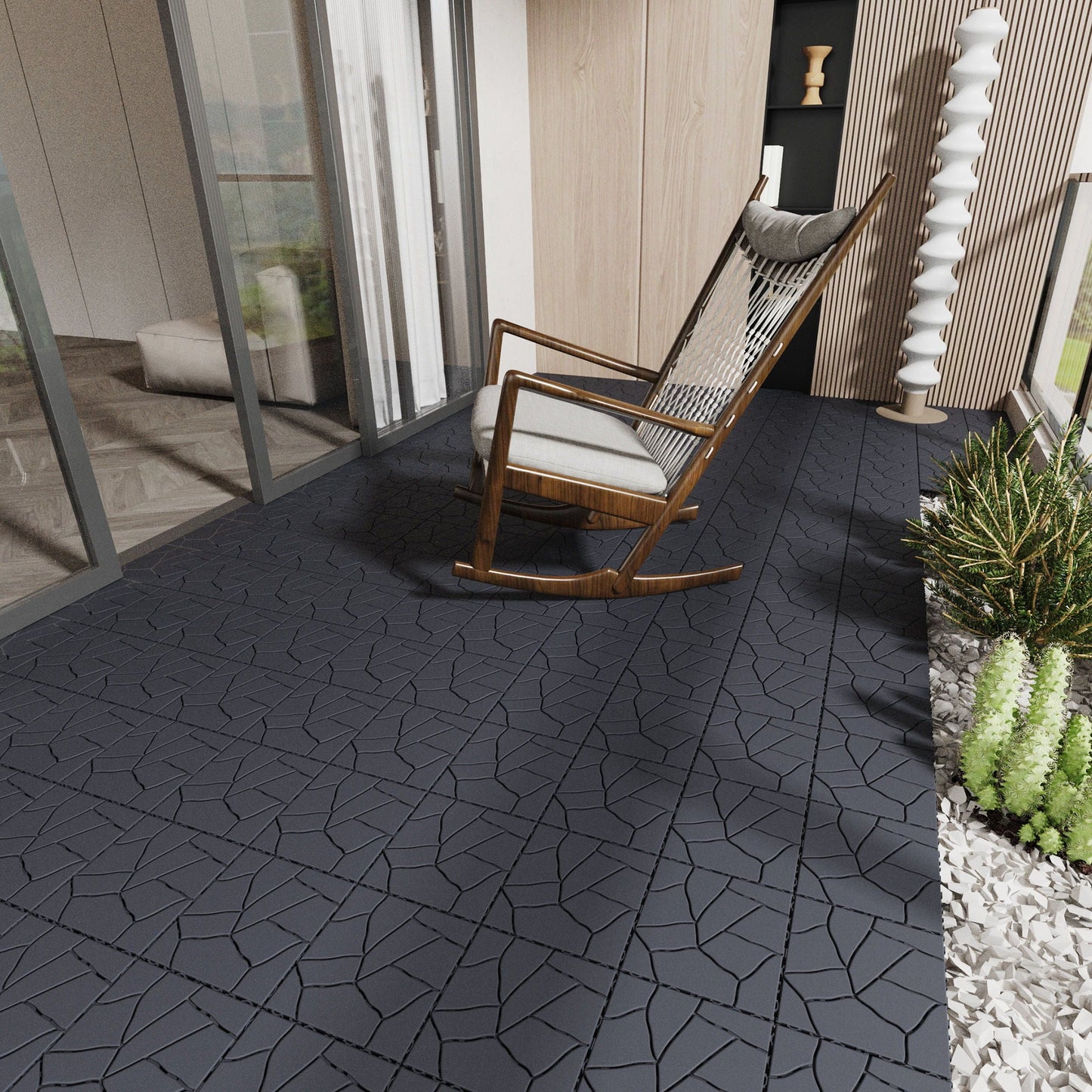 Stone Style Patio Deck Tiles For Porch (Set of 44) - Gray