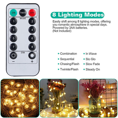 32.8Feet Globe String Lights Battery Powered Waterproof Decorative Fairy Lamp with 8 Lighting Modes Remote Control for Garden Lawn Patio