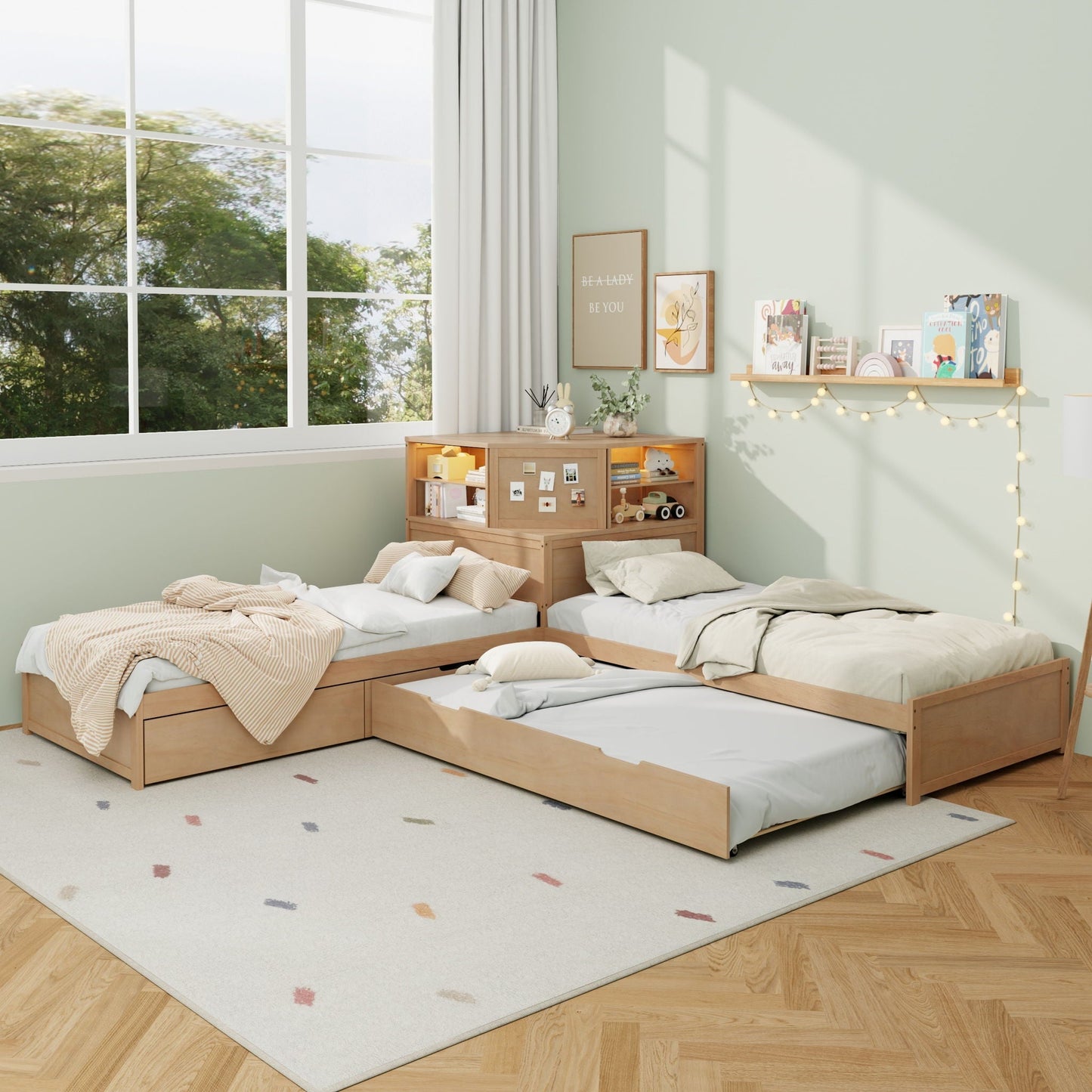 L-Shaped Bed Frame With Trundle, Built In Desk & LED Lighting