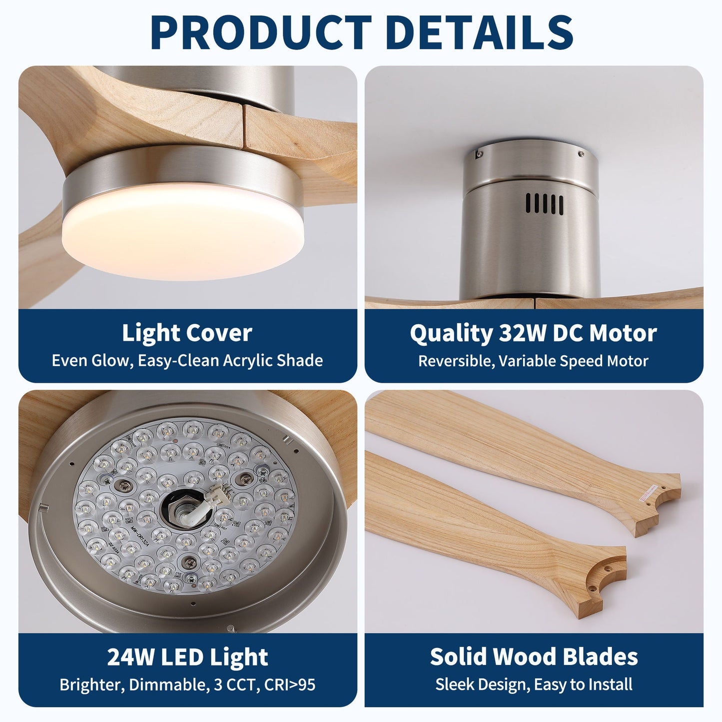 Low Profile Flush Mount Intergrated LED Ceiling Fan With Light And Silent Reversible Motor