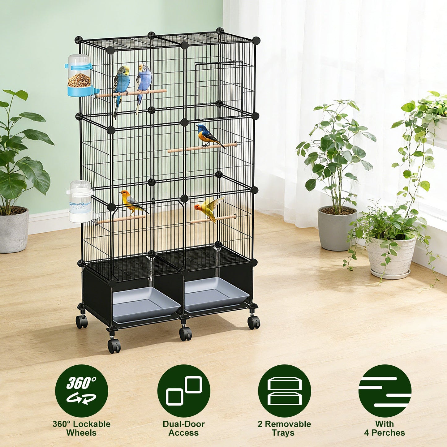 46-Inch Bird Cage with Wooden Perches and Rolling Wheels