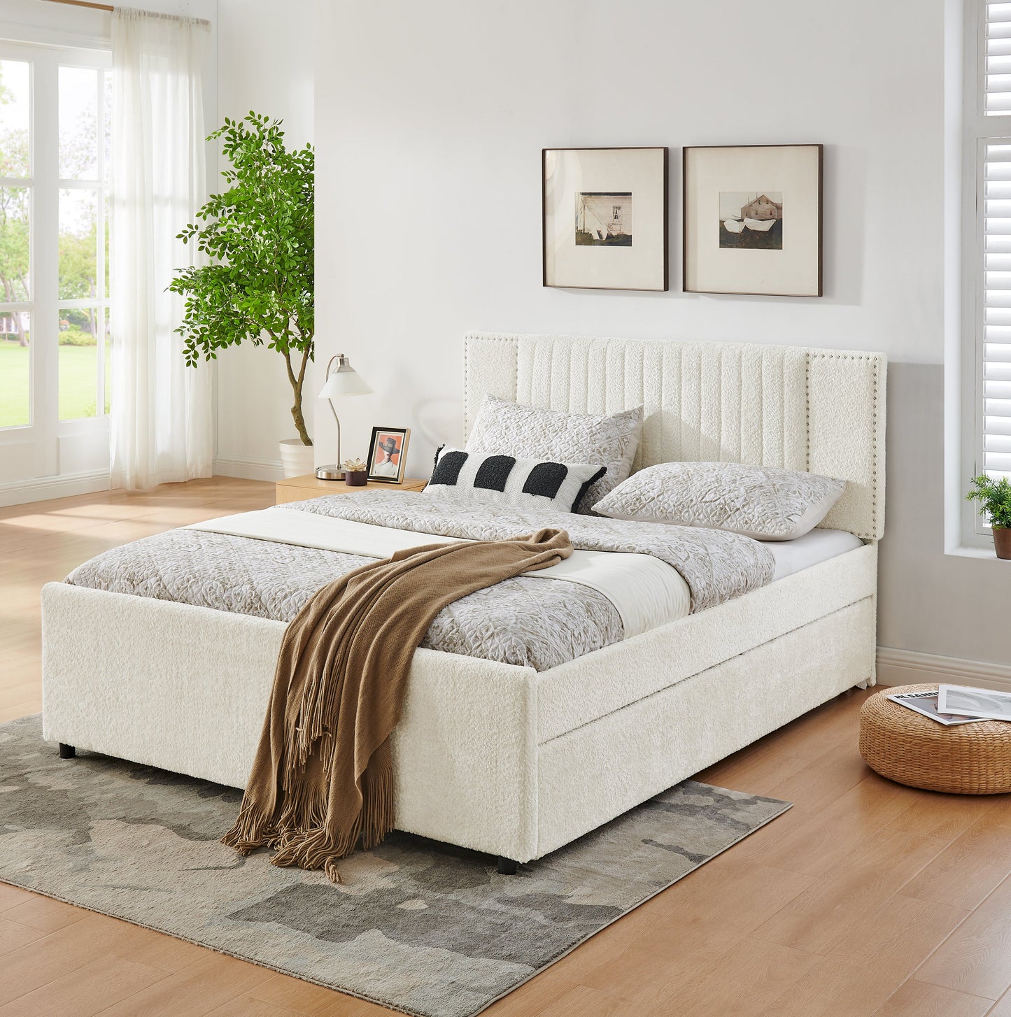 Queen Size Vertical Channel Tufted Upholstered Bed with Storage and Trundle