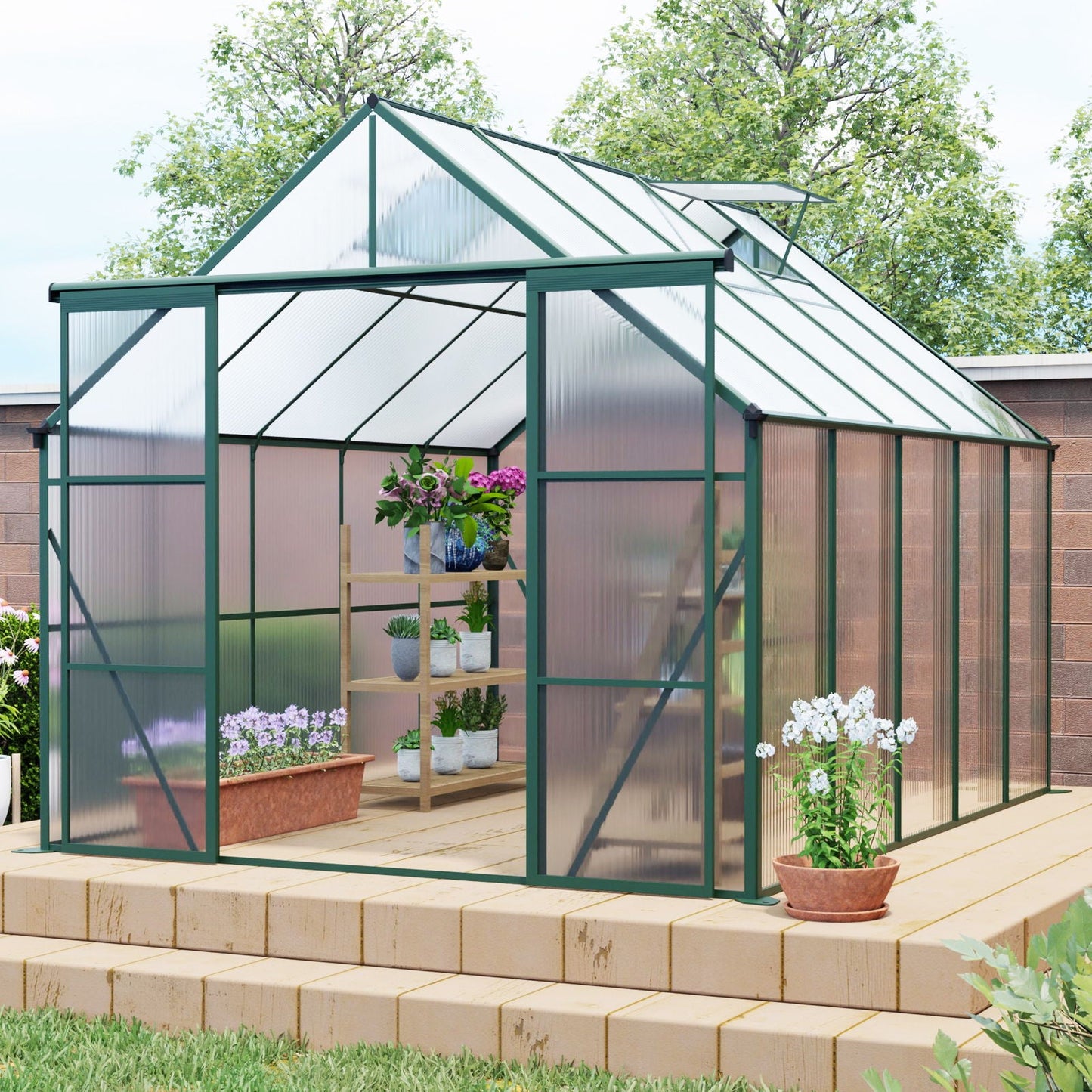 Double Door Polycarbonate house Raised Base And Anchor Aluminum Heavy Duty Walk In houses For Outdoor Backyard In All Season