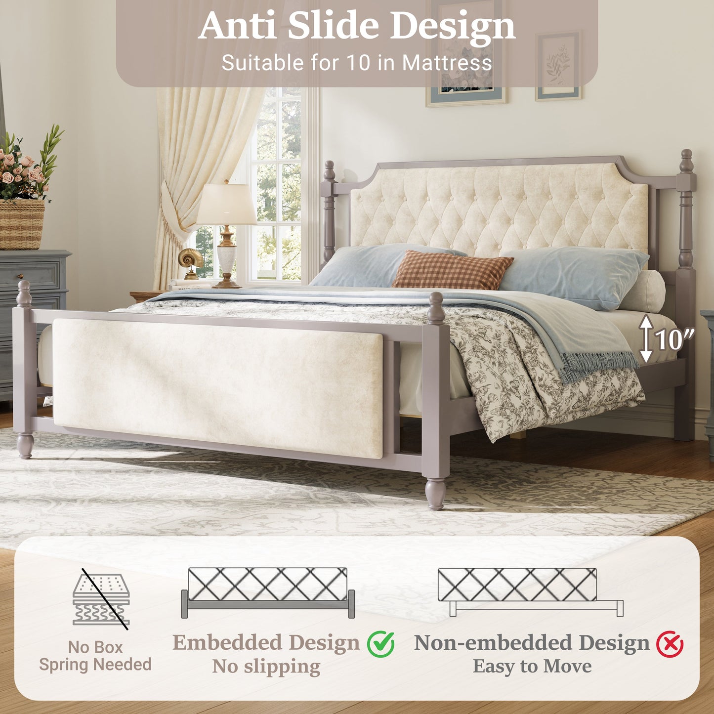 King Size Upholstered Platform Bed with Button Tufted Headboard