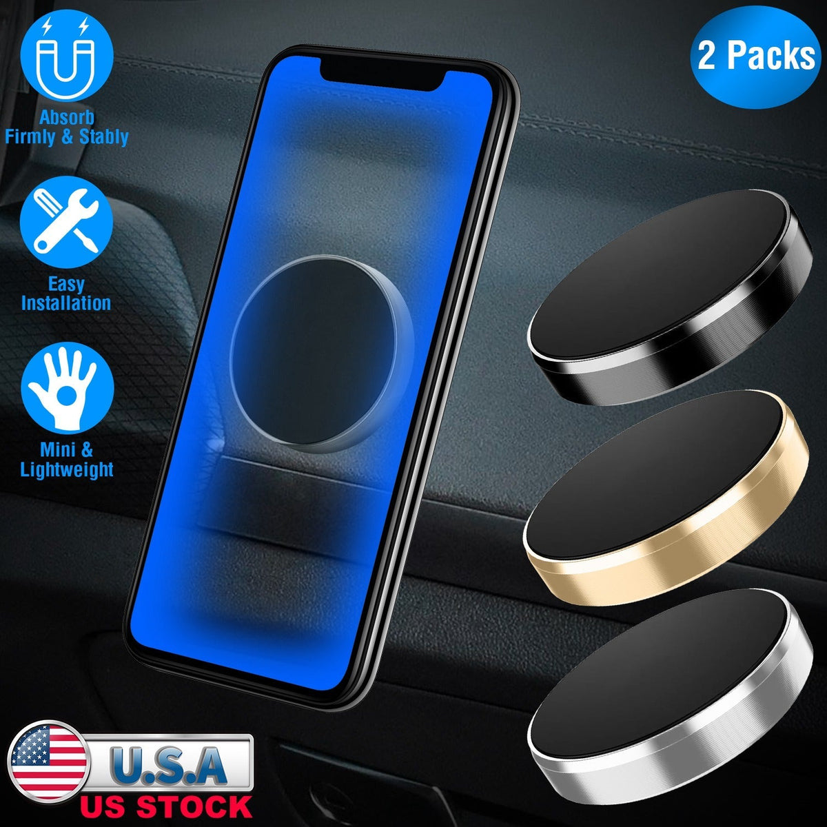 2 Pack Universal Magnetic Car Mounts Dashboard Magnetic Phone Holder Stand Fit for iPhone Galaxy Most Smartphones