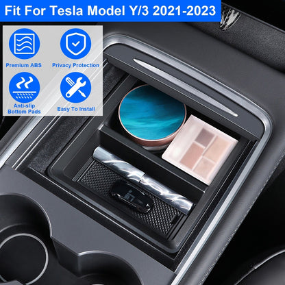 Center Console Organizer Tray Fit For 2021 2022 2023 Tesla Model 3 Model Y Armrest Drawer Storage Box with 2Pcs Silicone Pads