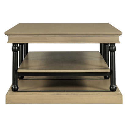 55.1' Wood Coffee Table with Black Legs and Open Storage Shelves