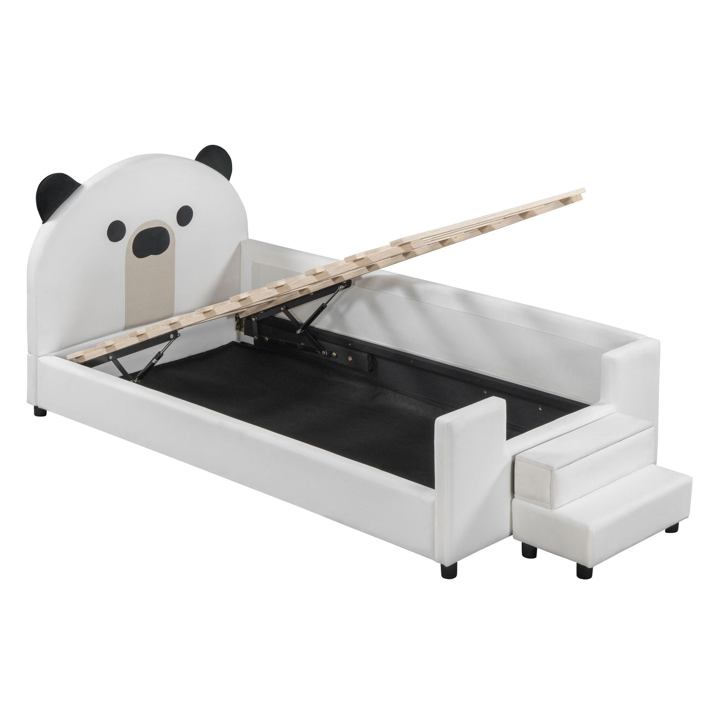Upholstered Daybed With Bear Shaped Headboard, Hydraulic System And Breathable Fence