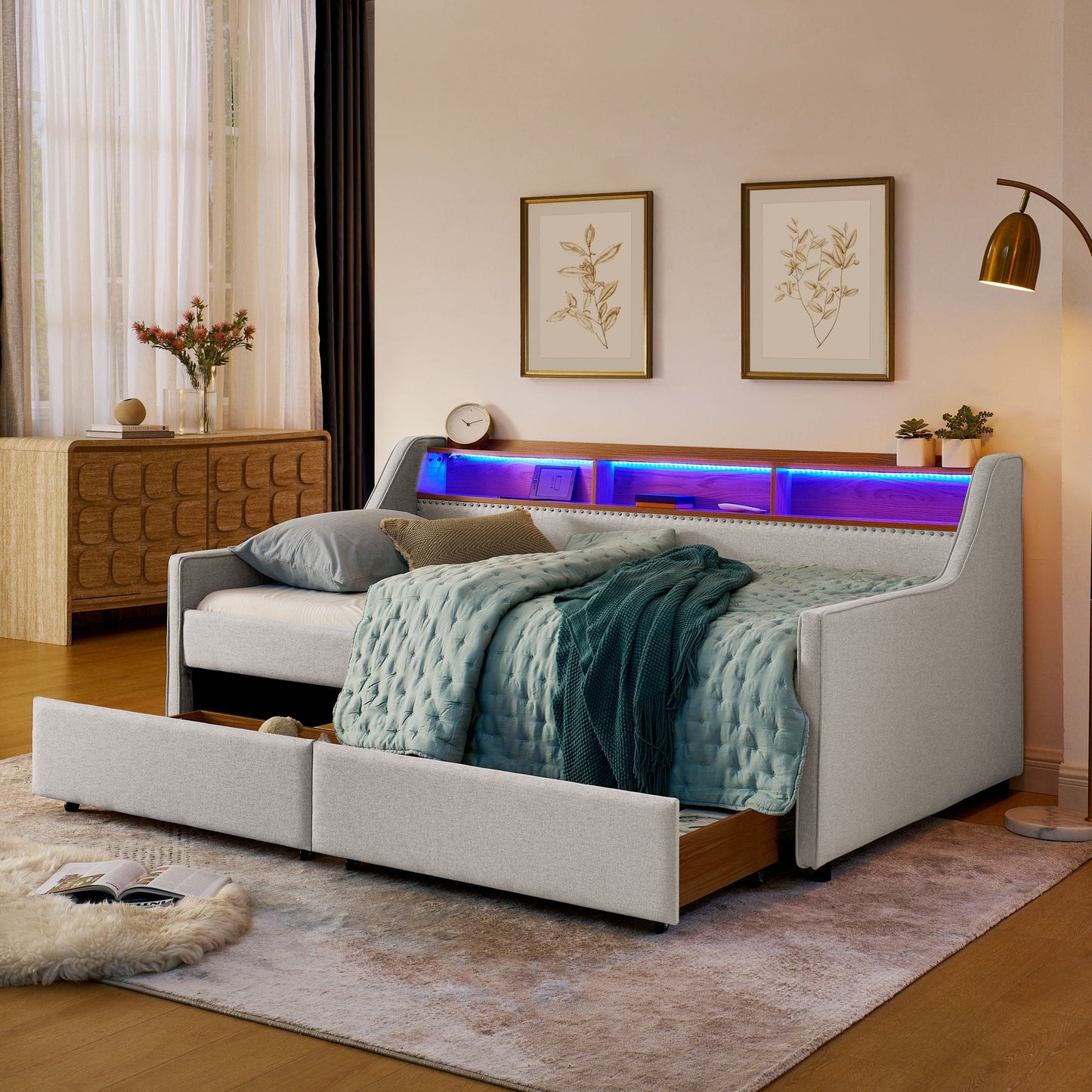 Twin Upholstered Sofa Bed With LED Lights, Storage Drawers, Adjustable Headboard & Wireless Charging - Beige