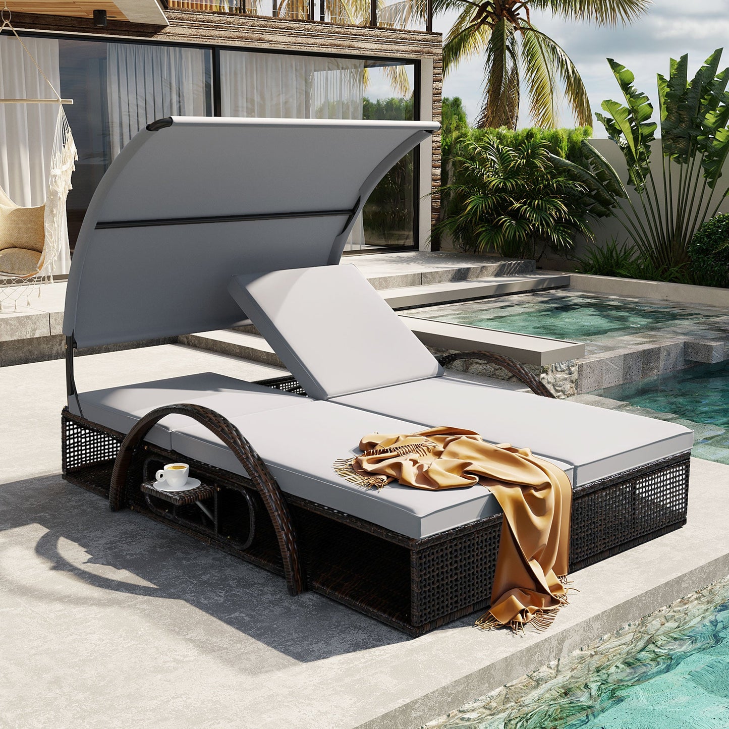 U_STYLE Outdoor Steel Frame Sun Lounger with Adjustable Backrest