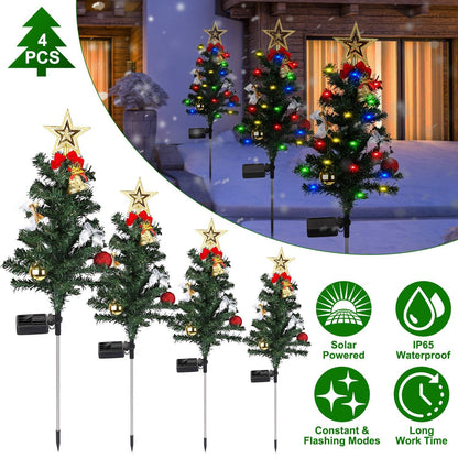4Packs Solar Christmas Tree Lights Xmas Garden Decorations Tree Stake Lamp 20LEDs Solar Decor Light with Constant and Flashing Mode for Pathway Yard P