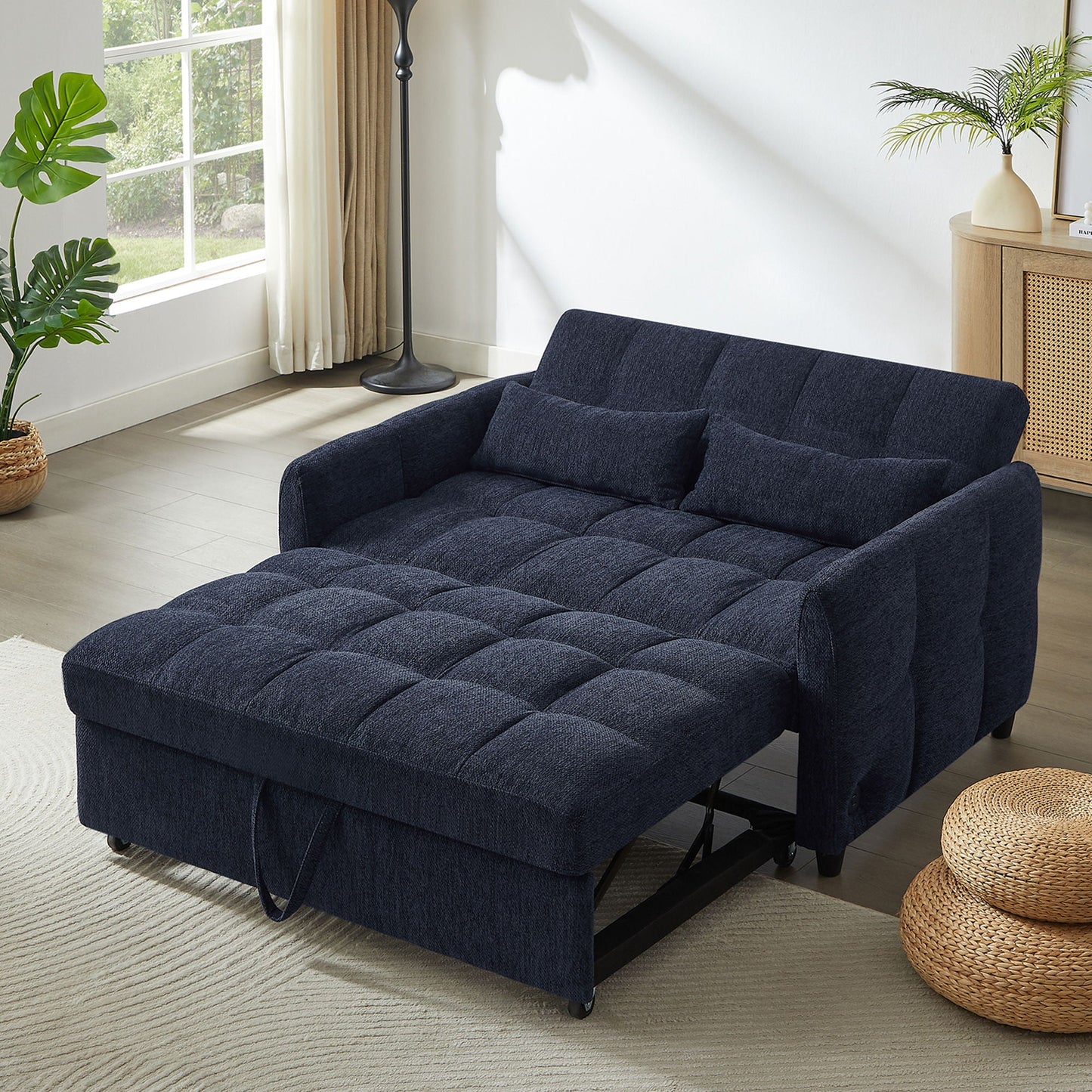 Loveseat Sofa Pull-Out Bed With Adjustable Backrest, 3 USB Ports And 2 Lumbar Pillows For Living Room