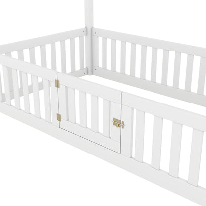 Wood House Bed With Fence And Door