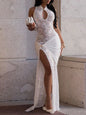 Lace Keyhole High-Slit Maxi Dress