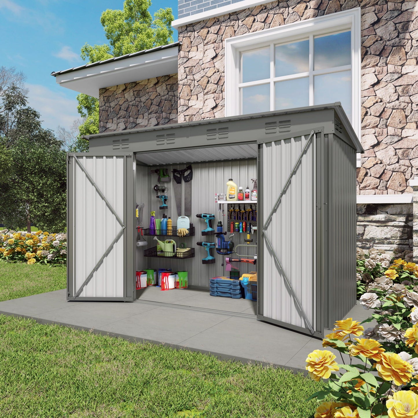 Outdoor Storage Shed, Tool House With Sloping Roof, 6 Vents And 2 Swing Doors For Backyard - Gray