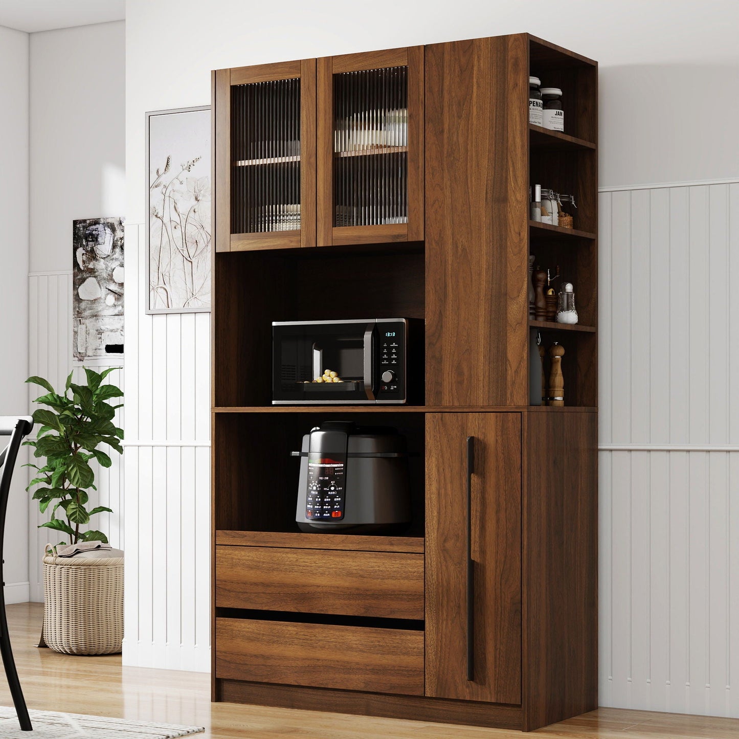 Tall Kitchen Pantry Cabinet With 4 Tier Side Shelf, 2 Drawers, Freestanding Food Hutch With Microwave Stand For Dining Room - Walnut