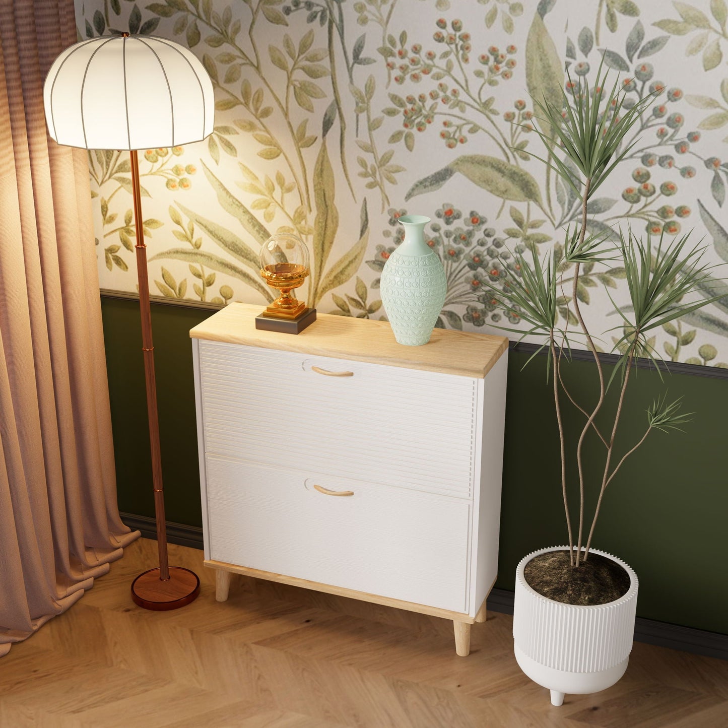 Narrow - Entryway Shoe Storage Cabinet With 2 Flip Drawers Legs - Natural / White