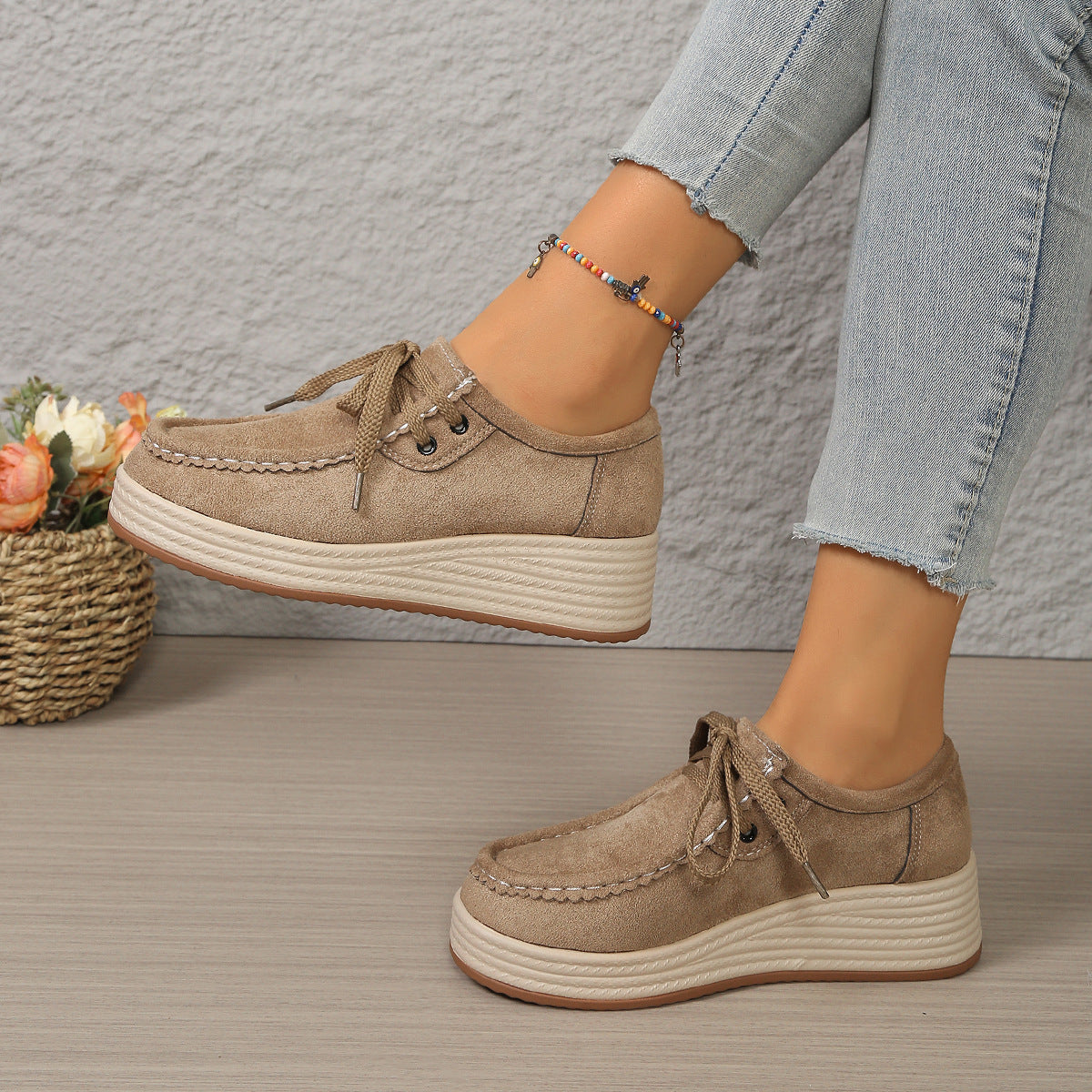 European And American-style Chunky-soled Womens Pumps With Front Laces Casual Chunky-soled Shoes