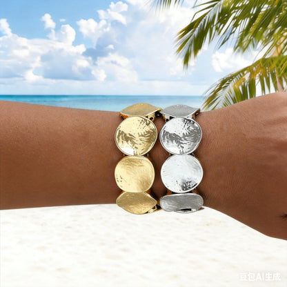 Personality Metal Pleated Geometric Disc Stretch Bracelet Heavy Duty Minimalist