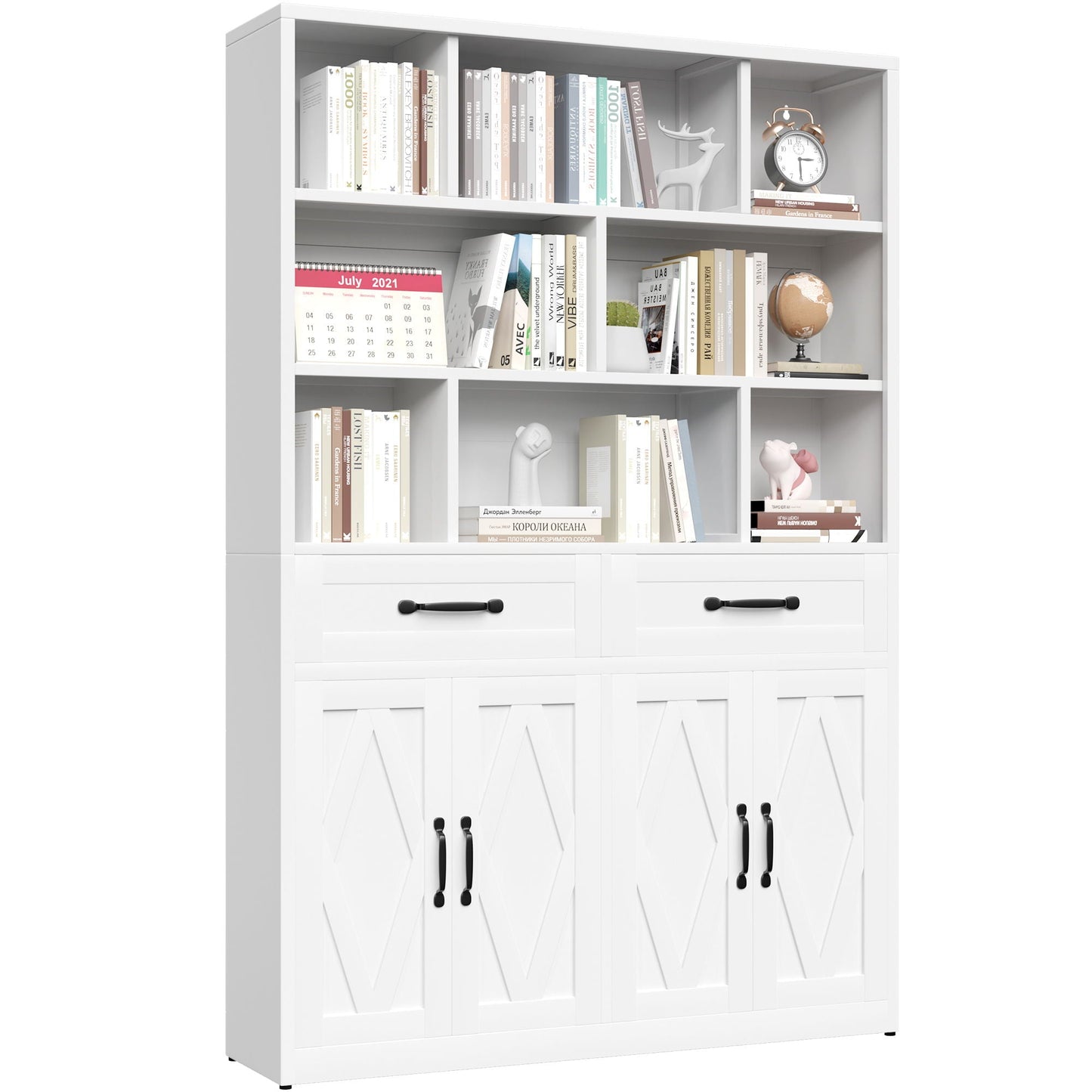 Bookcase Tall With 2 Doors & 2 Drawers, Fixed Open Shelves - White