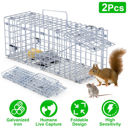 2Pcs Foldable Rat Trap Cage Humane Live Rodent Trap Cage Galvanized Iron Mice Mouse Control Bait Catch with Detachable L Shaped Rod For Kitchen Garden