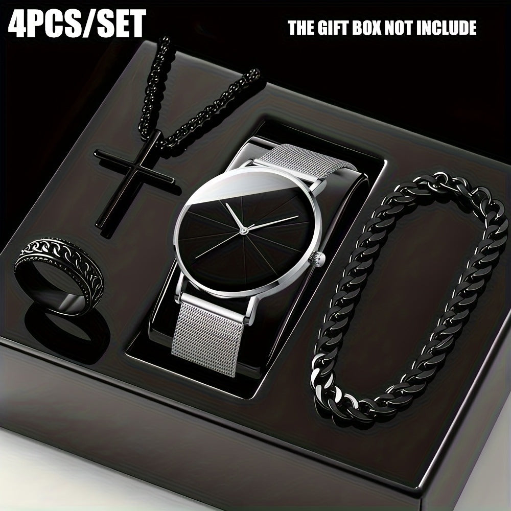 Men's Fashion Watch Ring Necklace Bracelet Set - Stainless Steel Jewelry Collection for Daily Wear
