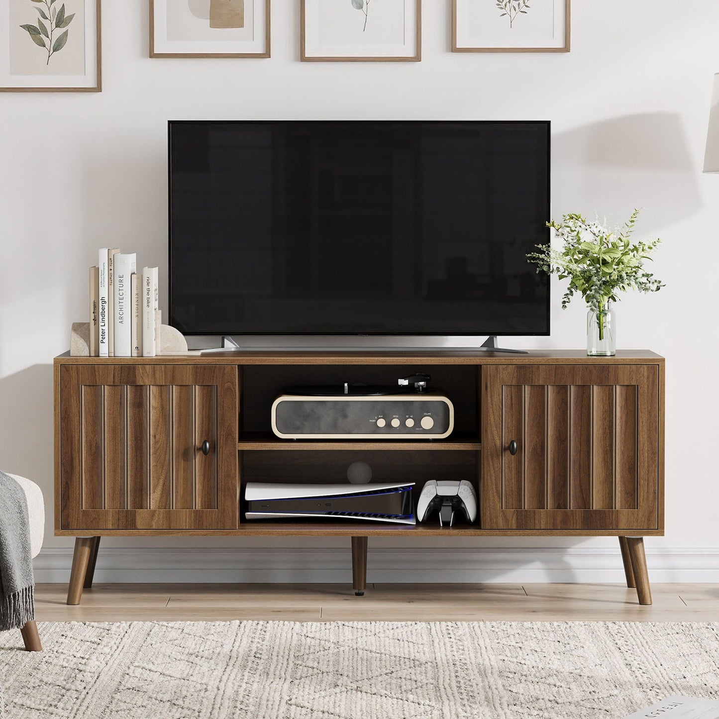 55" TV Cabinet With Vertical Groove Doors, Adjustable Shelves - Walnut